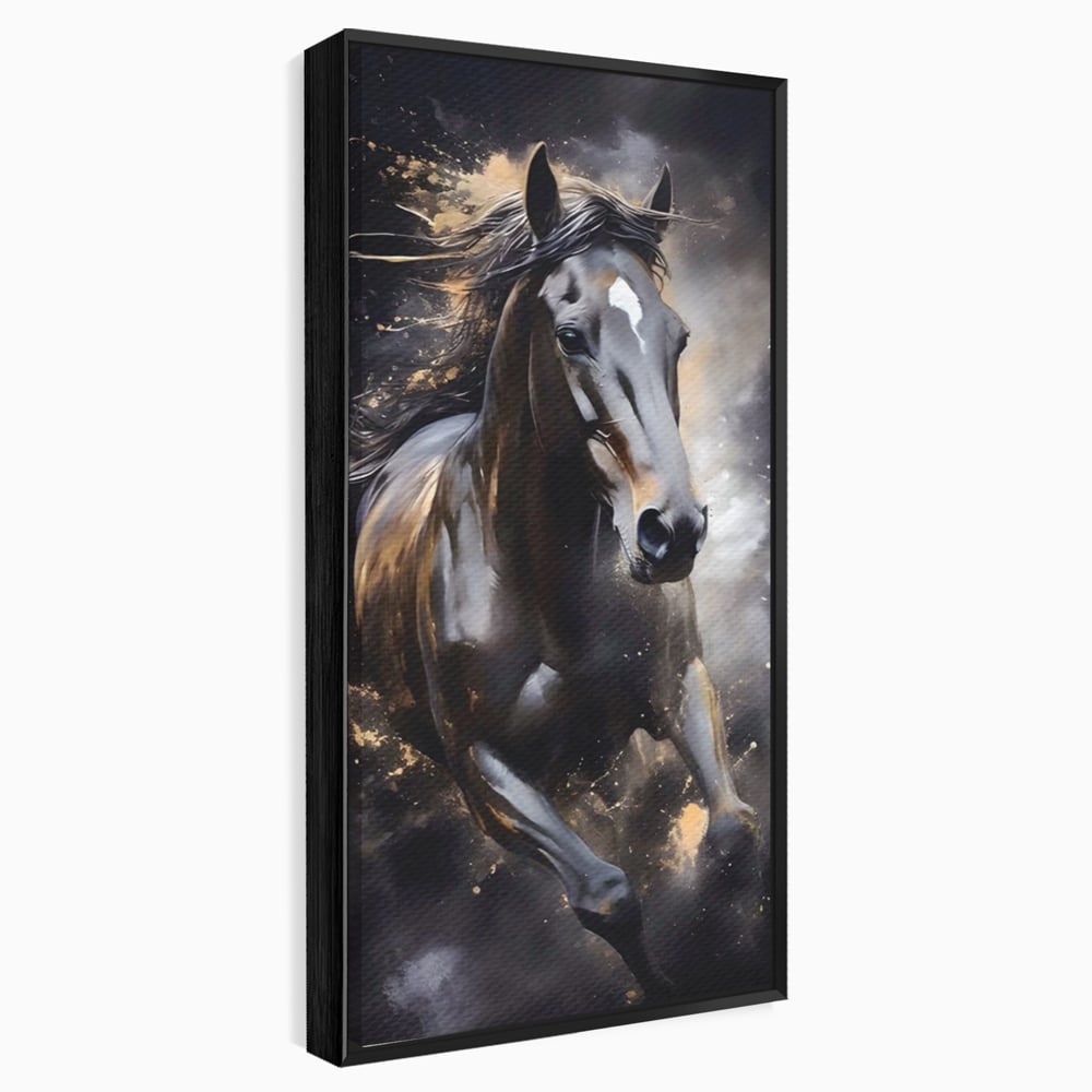 Tablou canvas cu tablou canvas cu un cal negru in alergare, in rama de aluminiu negru